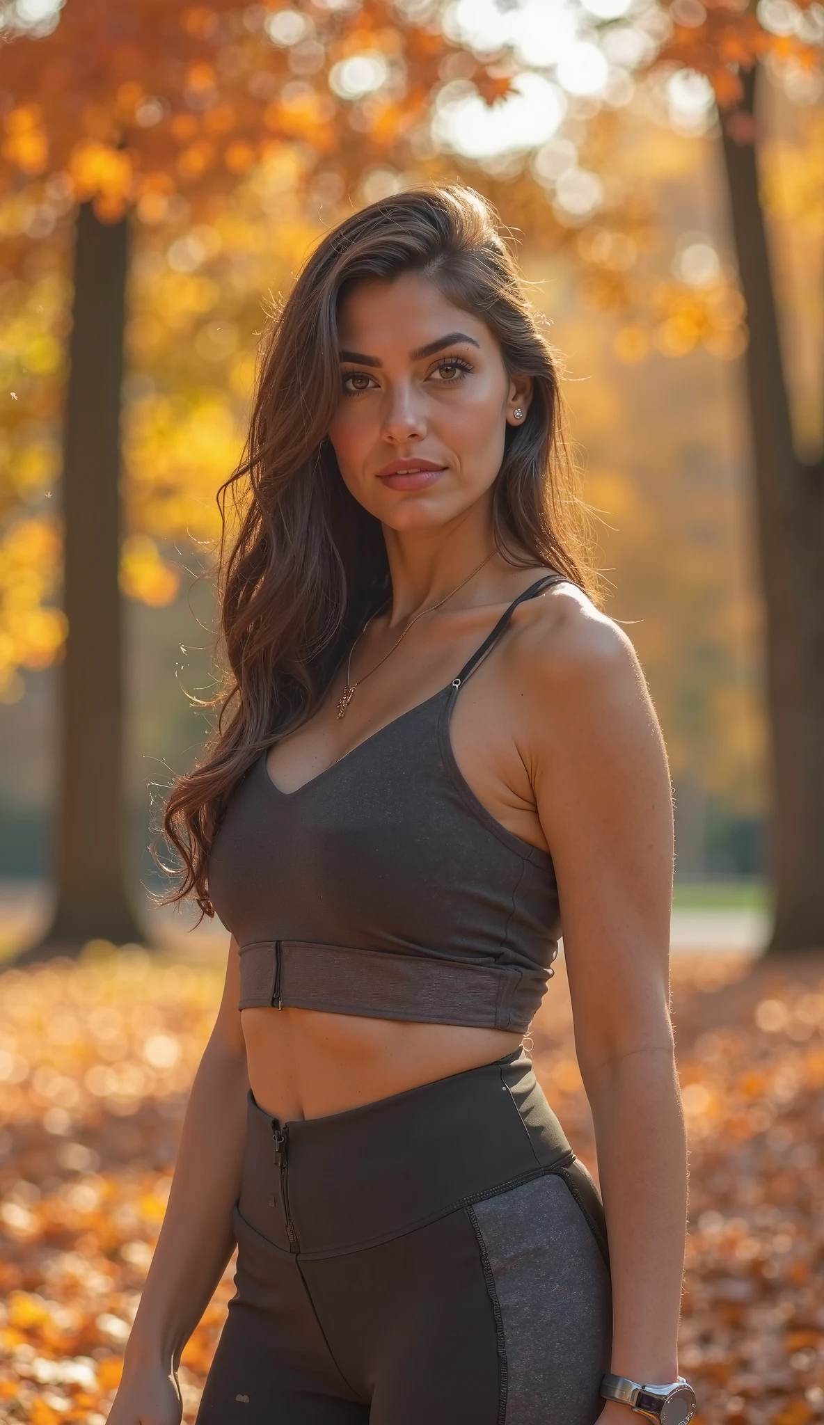 Générer une image corporelle complète d’Autumn au milieu de ses 20 ans, debout à environ 5'4" grand. Sa longue, Des cheveux châtains ondulés coulent gracieusement le long de ses épaules. Elle possède une silhouette de sablier athlétique avec un buste complet et un, Teint bronzé ensoleillé. Les yeux bruns de l’automne expriment le charisme, et elle maintient un comportement détendu et confiant. L’automne est orné d’un ensemble de yoga bien ajusté. Elle porte un crop top de yoga blanc qui complète son teint et met en valeur son ventre plat et ses leggings vert forêt foncés assortis dans un riche, teinte brune terreuse. Cette tenue épouse parfaitement ses courbes. La scène se déroule au milieu d’une forêt d’automne sereine avec des feuilles d’automne colorées recouvrant le sol, Améliorer la beauté naturelle de la saison. L’emplacement respire la tranquillité, situé près d’un ruisseau doux dont le son apaisant de l’eau qui coule s’harmonise avec sa pratique. L’éclairage naturel filtre doucement à travers le feuillage, projetant la lumière du soleil tachetée sur la scène, Créer une atmosphère de sérénité.
L’automne à quatre pattes. De ses mains et de ses genoux, elle cambre son dos pour révéler son décolleté sous son haut blanc moulant. look et maquillage intenses, yeux symétriques, visage symétrique, photoréaliste, photographie, tracé de chemin, éclairage spéculaire, Lumière faciale volumétrique, chemin tracé cheveux, Ombres visibles, complexe, élaborer, hyper-réaliste, Poitrine Énorme, décolleté énorme, corps en entier, tête en entier , modèle de face, grosses fesses