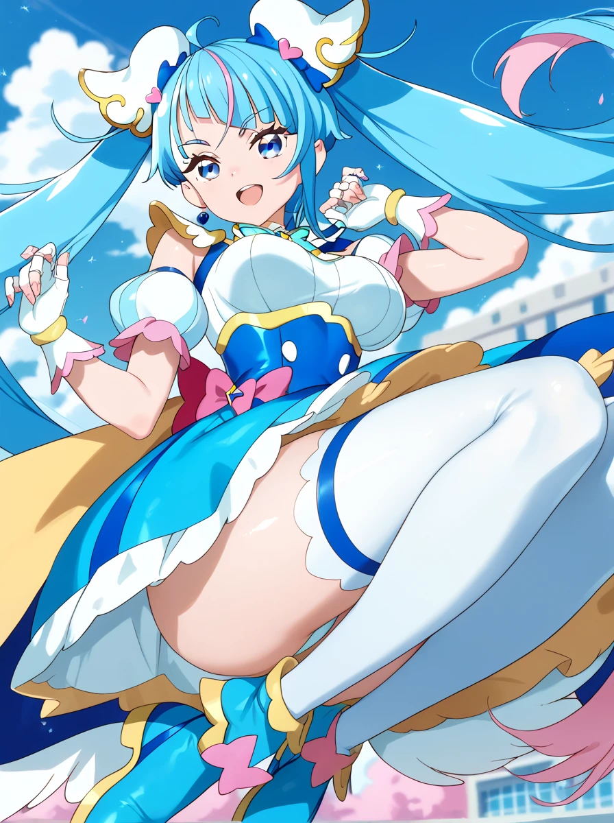 NSFW, spread legs, legs up, shorts,front,nose blush,glaring,camel toe,Turn calfs outward.