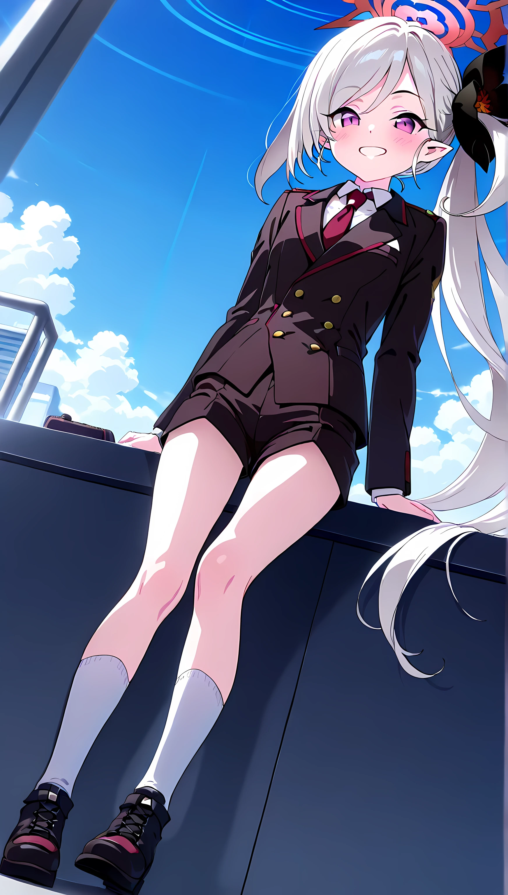 mutsuki-suit,daytime, sky,
mutsuki \(blue archive\),low ponytail, holding red (necktie,suit:1.1),shorts,white socks,black footwear,purple eyes,white hair,side ponytail,halo,pointy ears