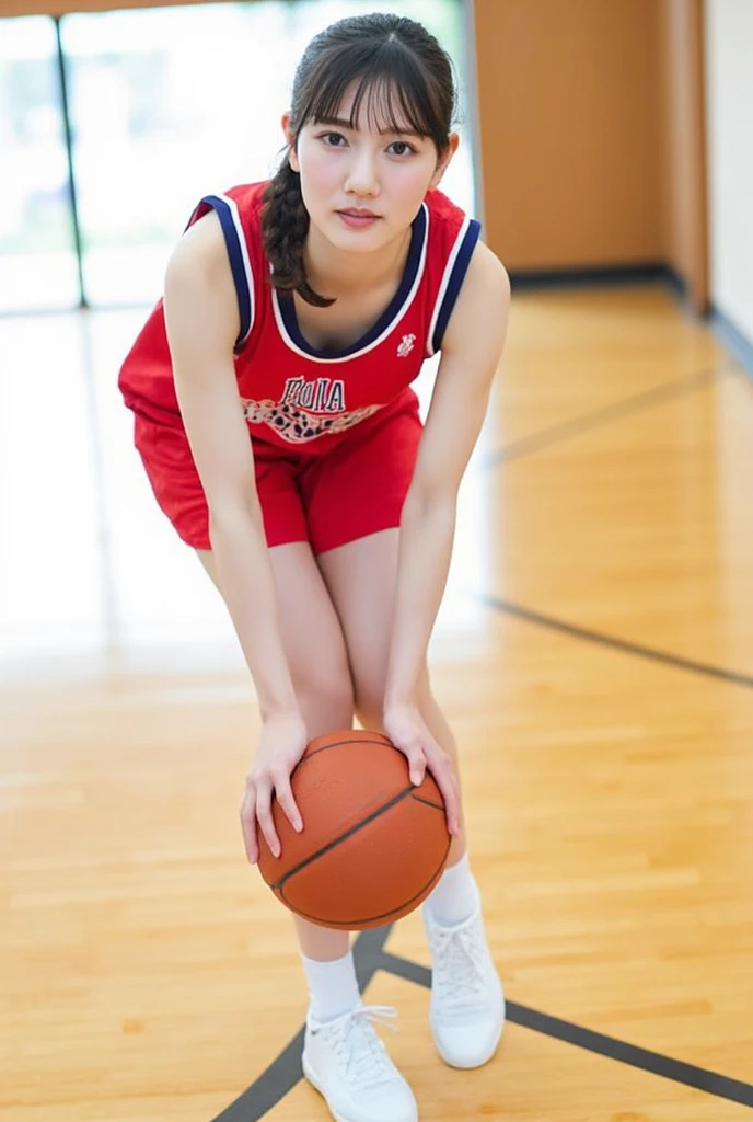 (RAW Photos:1.2), (Realistic:1.4), Beautiful Japanese Girl, Very detailed eyes and face, Beautiful details, Ridiculous, incredibly Ridiculous, Large file size, Very detailed, High resolution, Very detailed, highest quality, masterpiece, shape, Very detailed, CG, Unified, 8k wallpaper, wonderful, Fine details, masterpiece, highest quality, Very detailed CG、8k wallpaper, Light on the face, Cinema Lighting,( One Girl),(Big Ass)、Curvy,(Full Body Shot)、(the wind is strong)、26 years old、Slightly brown hair color,((short hair))、Shiny Hair、 ((red color basketball uniform:1.4)),Red uniform,No sleeve, (Basketball court:1.2), (blue sky:1.45),Ample breasts、Seductive pose、Small nose、Short nose、(Shiny Hair:1.4), sweat,wet,enraptured smile