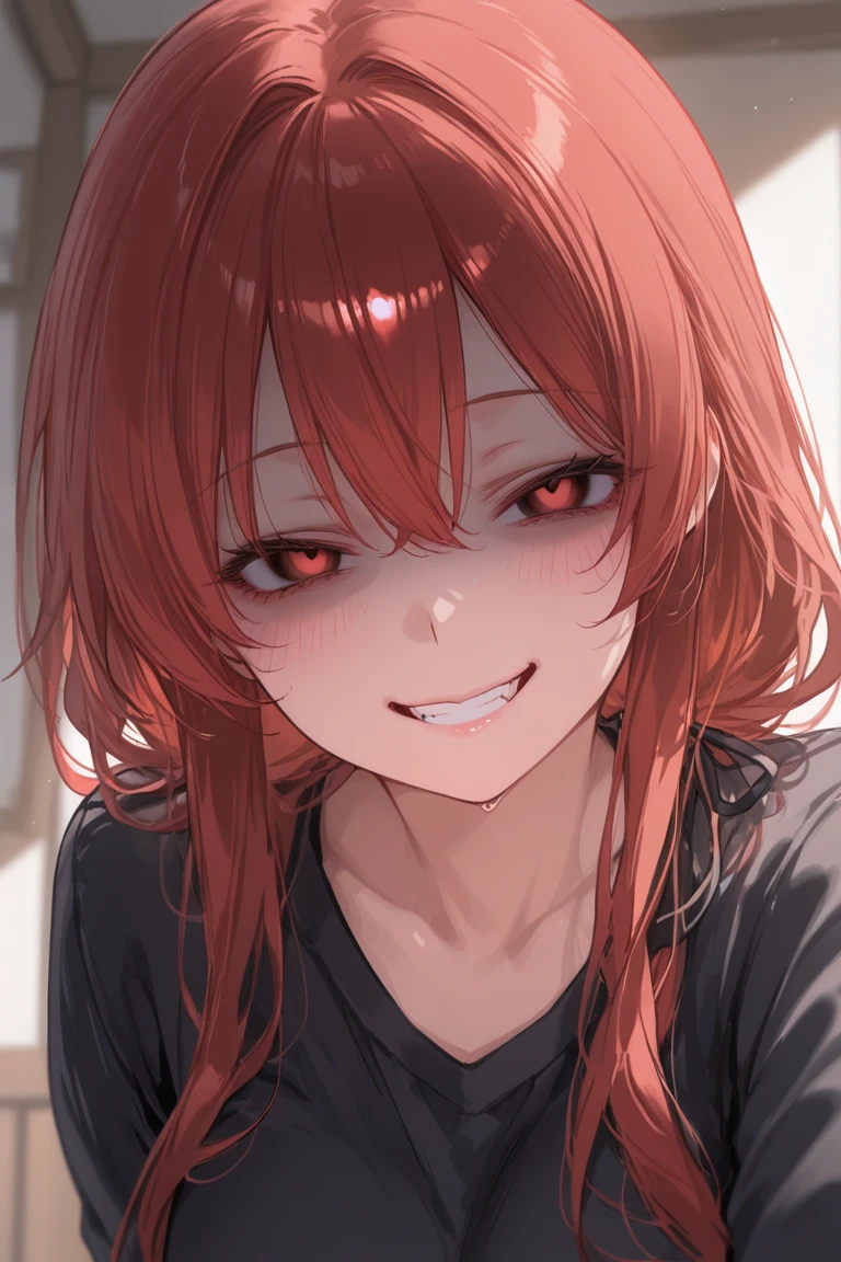 (Masterpiece:1.2, Best Quality), 1 woman, whole body, T-shirt, Casual, medium breasts,long red hair, minimal makeup,pale,Natural fabrics, closeup face, evil smile, bright red eyes circular pupils,4k high resolution,UHD, detailed lines