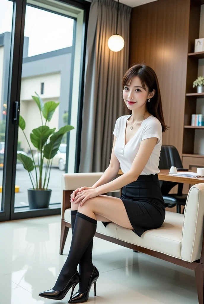 high quality:1.2), RAW Photos, High resolution, Very detailed, Intricate details, 、Woman sitting in office chair、(Full body photo)ear piercing、smile、Black Hair,、Hair length to shoulders(Front view, ), Clear beauty, Standing in an office room, Upper Body, (High Quality Fabric, Office Lady Suits 、knee length skirt tights、pumps)、Necklace around the neck、, The background is the office