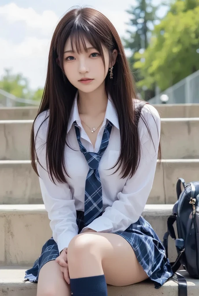 8K,Best Quality, masutepiece, ultra-detailliert, 超A high resolution, Photorealistic, Raw photo, absurderes, absolutely resolution, 1girl in, Solo,Upper body, Looking at Viewer,a Japanese young pretty girl,hyper cute face, Glamorous figure, huge-breasted, cleavage, Long bob hair ,Smile,(School uniform:1.3),(She's squatting on the station steps) ,Glossy lips, Double eyelids in both eyes, Natural makeup, long eyelashes, Glossy smooth light brown long bob hair, asymmetrical bangs, Shiny skin, central image, High resolution, high detailing, detailed hairstyle, Detailed face, spectacular movie lighting, Octane Rendering, Vibrant, Hyper realistic, Perfect limbs, Perfect Anatomy