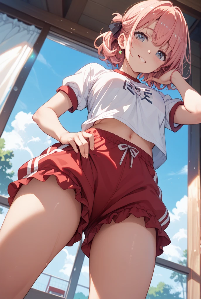 zero two \(darling on franxx\), darling on franxx, 1girl, fringe, bite, shadow, long hair, small breasts, large thighs, lingerie, stockings, lying on bed, big ass, makeup, smiling at the viewer, pair of small red horns, pink hair,red eyeshadow, skin, solo, pillow