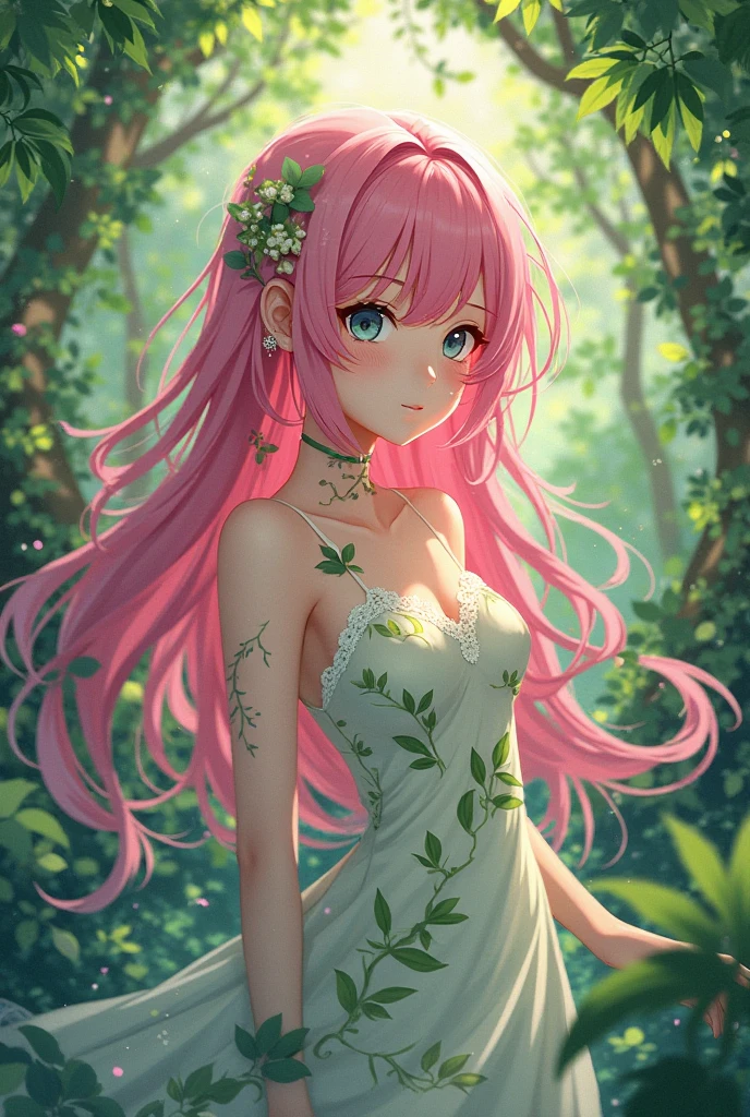 Convert your flower art into illustration.、Create backgrounds with vibrant colors and unique touches　The type of flower is statice、Gypsophila、sweet pea、Mix in some lace flowers, big breasts, cleavage, pink hair, green eyes, (green highlights), green braids, sitting, sexy pose, 