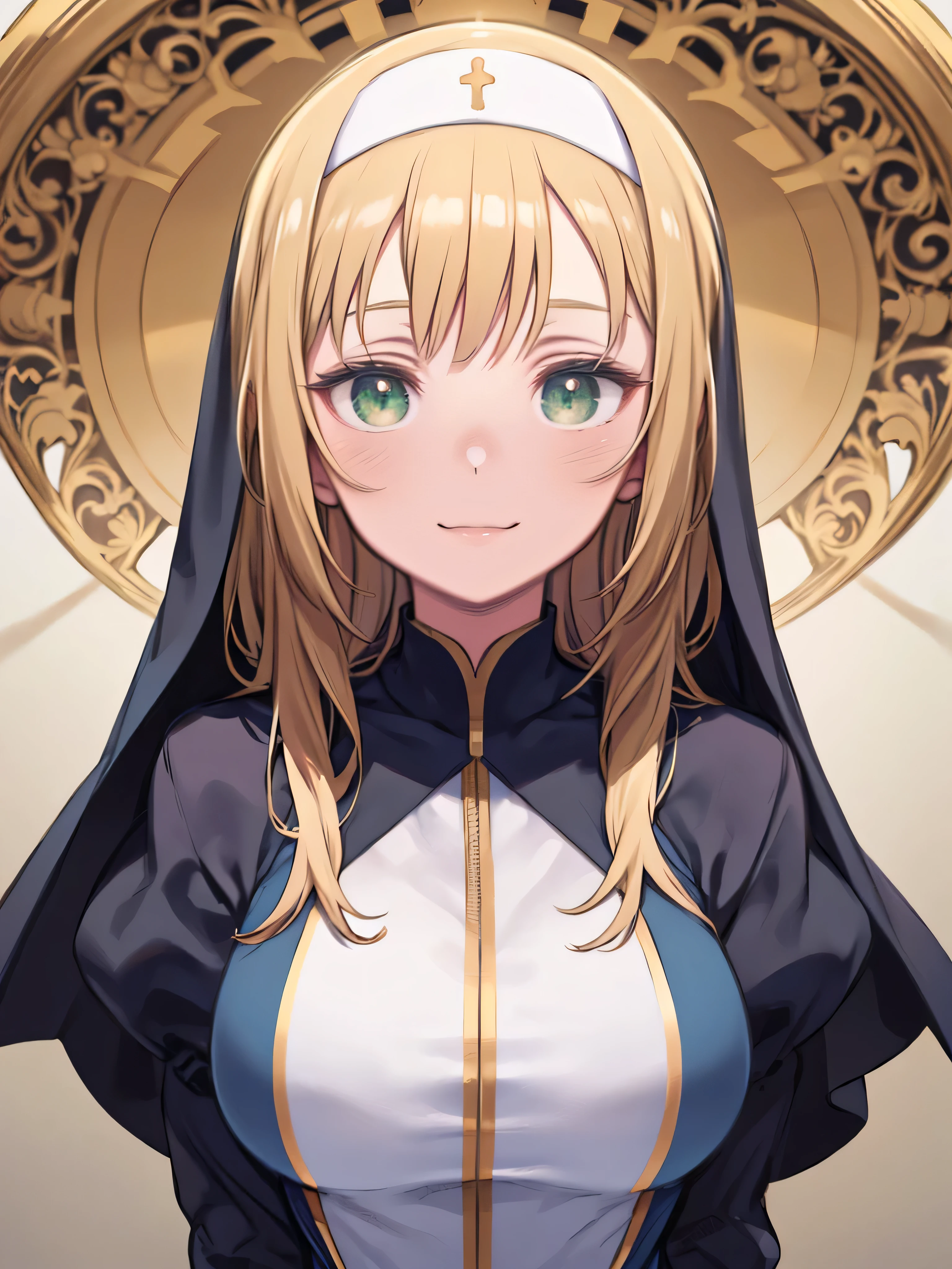 One Woman、Nuns、White collar、Medallion、Blonde Hair、long hair、Blue Eyes、W Mouth、Rural Scenery、Paddy field、blue sky、Big Breasts、Watching the audience、Upper Body、
