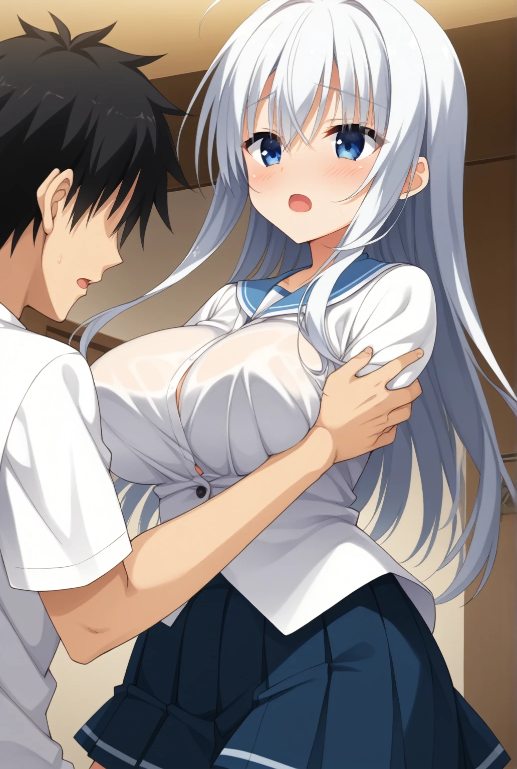 High resolution,masterpiece, highest quality, smile , Con_Kanaho, (((nsfw))) , (((sex))) ,(((intercourse with a man))) , (((busty))), ((breast milk)) ,1girl,1boy,hetero, fat man, nipples, large breasts , penis ,censored , cum on breasts,nipples visible through clothes ,sensual body, heart in the eyes , Her cheeks flushed, vaginal secretions, white lingerie , see through lingerie