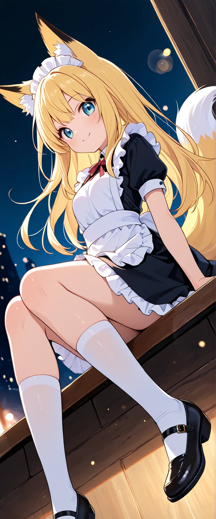 one girl, fox ears,fox tail,yellow long hair,cute,masterpiece,Highest Quality,best smiles,maid,maid服,white socks,maidの靴, frill,Lens Flare,dynamic angle,miniskirt,night,