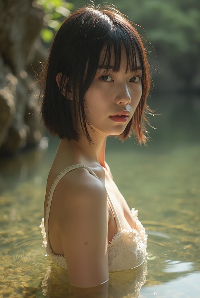 (((Misako Renbutsu)))Beautiful Young Female with Short hair in Lake, extremely delicate and beautiful,Outstanding light and shadow,Clear and bright sunlight, Professional portrait (Face Closeup from below), Semi-nude photography, close up portrait of bathing in a lake, reeds, ((backlighting)) Sparkling water surface with Reflection and Refraction, ((Soaked body in water)), (beltbra) Visible Upper breasts, {lens flare|Shade|bloom|[chromatic aberration]}, TopQuality Masterpiece of 8K Ultra-detailed DigitalPainting (by Jeremy Lipking)