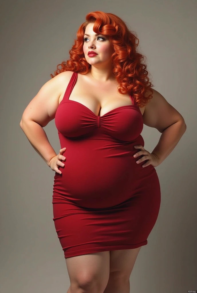 A redhead with round buttocks in a red dress with a neckline