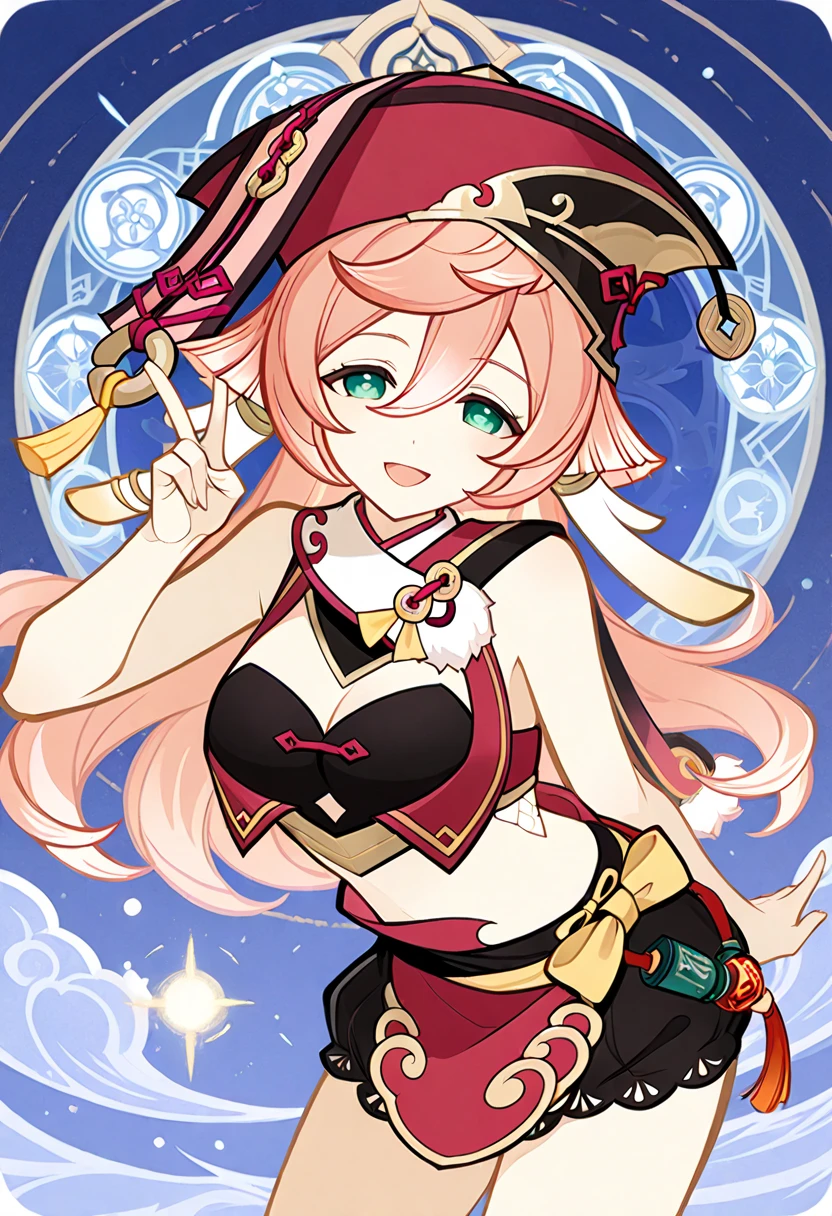 girl,solo,(yanfei), ((genshin impact)),(official art), dark blue color palette,astrology, bare arms, bare shoulders, sexy pose, looking at viewers, smile, big breast, smile, leaning sideway, yanfaei hat, peace sign finger, open mouth