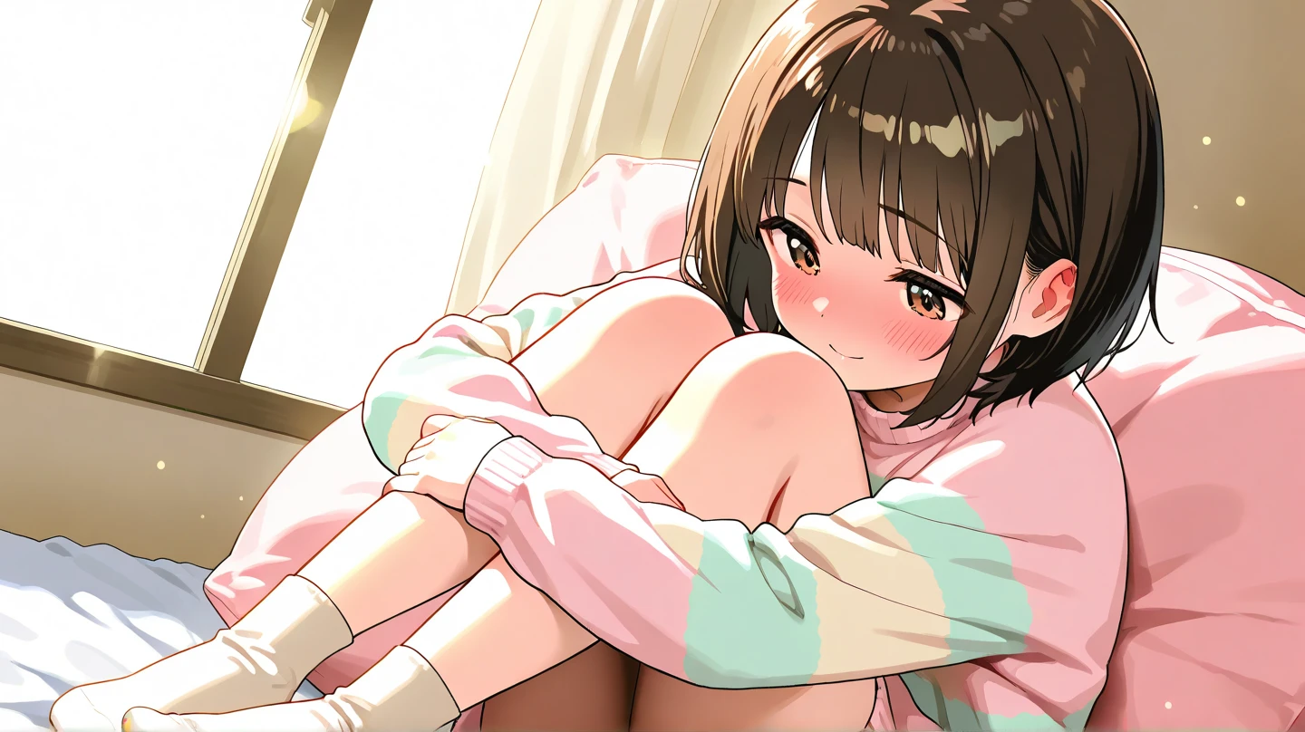 Ahegao、Cumming face、Married woman、(legs up:、M-shaped leg opening 1.2)、Pink knitwear、short twintail hair