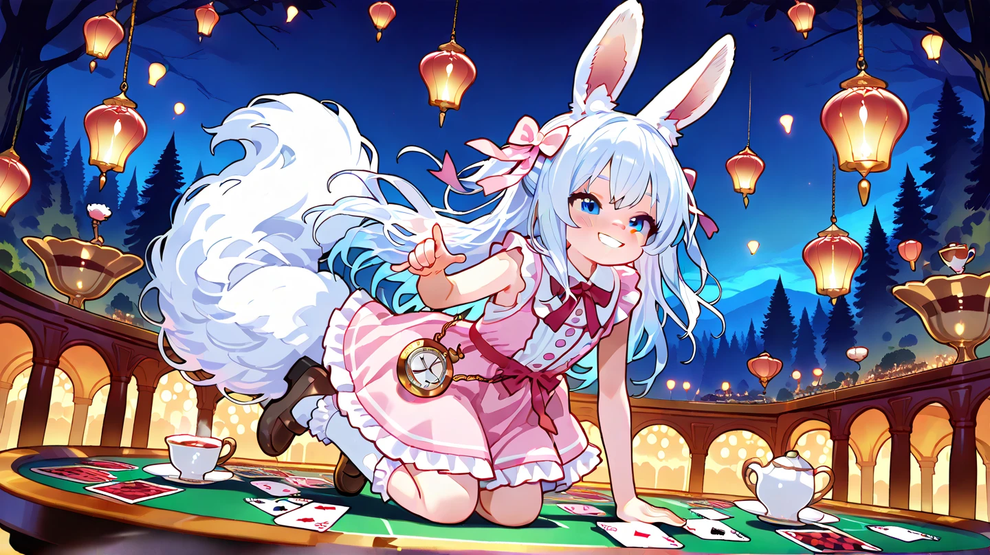 Anime girl sitting on a pile of animals in her room, Light blue long hair、Twin tails 、Bright smile、Tiger dragon mouse or rat ox Rabbit snake sheep dog pig monkey bird horse Anime fantasy illustration,