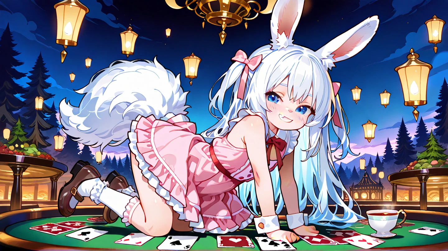 ((worst quality, low-quality)), profile, Taken from the side, ((a closeup)), facefocus, Rabbit eared girl, Solo, Green Playboy Bunny, slender, ((Large breasts)), ((Long silver hair)), Hair over one eye, plump shiny lips, Beautiful clear eyes, (blue eyess, kirakira), Spoken Heart, ((Playboy Bunny)), (She wears a detailed and beautiful tiara on her head),Wear a loose-fitting hoodie jacket, fishnet tights, embarrassed, (light Particle, light glow, llight rays:1.4), ( Casino background, Falling playing cards:1.3), high-angle shot, Casino, Best Quality,ultra-detailliert, masterpiece,