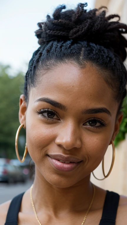 Masterpiece, african, 30yo, ((black woman)), brown skinned, braided hair, cornrows, beautiful, sweet skin, brown eyes, face, dreamy look. Focused, posterity, portrait, 8k, film grain, uHD, HDr, 35 mm.