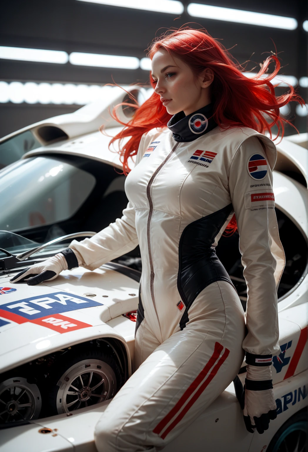 1woman, ((standing behind a formula one car)), standing with legs apart, high heels, (huge motor:1.1), (red car:1.3), (big wheels:1.1), (big car:1.4), from behind,(realistic:1.5),photorealistic, octane render,hyperrealistic, wide hips,huge thighs,white clothes,(photorealistic face:1.2),collar,(small breasts:1.1),thick eyelashes,long eyelashes,(twin tails:1.1),(redhead:1.1),(white clothes:1.3),best quality, cameltoe,streaked hair, half smile, (looking at viewer),sharp focus, (4k),(Masterpiece), (Best Quality), fantasy, extremely detailed, intricate, hyper detailed, (perfect face), illustration,soft lighting,(specular lighting:1.4),blue eyes,absurdly