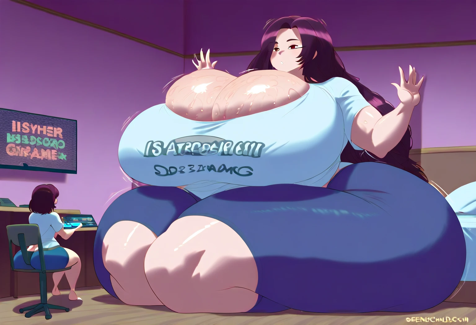 ((Masterpiece)), 4K, realistic anime, obese 1girl, obese lamia, scales, white shirt, full body, obese body, Original Character, fat arms, fat belly, big cheeks, cute and fat face, fat taill, Volumetric Lighting, Best Shadows, Shallow Depth of Field, Stunningly Beautiful Girl, Petite, Delicate Beautiful Attractive Face, WeightObese