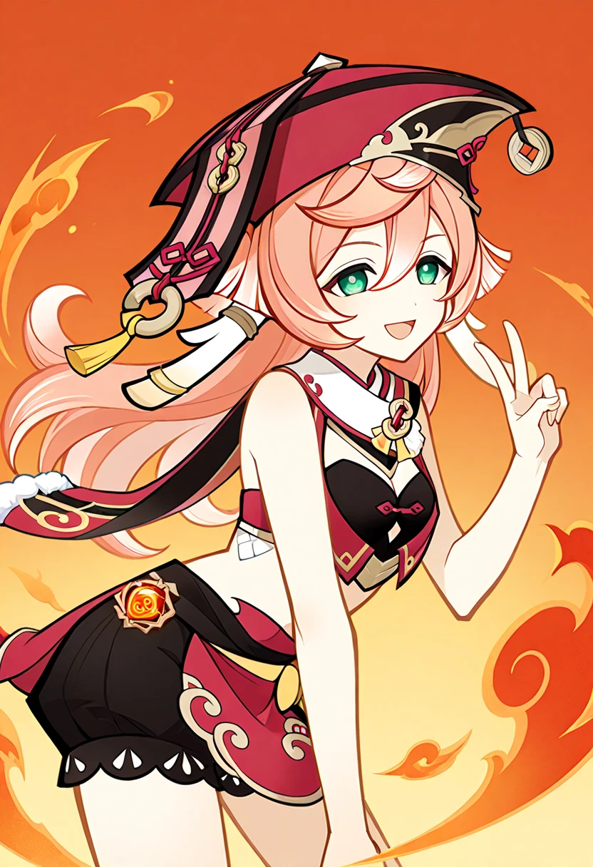 girl,solo,(yanfei), ((genshin impact)),(official art), orange color palette, fire, bare arms, bare shoulders, sexy pose, looking at viewers, smile, leaning sideway, yanfaei hat, peace sign finger, wide eye, open mouth