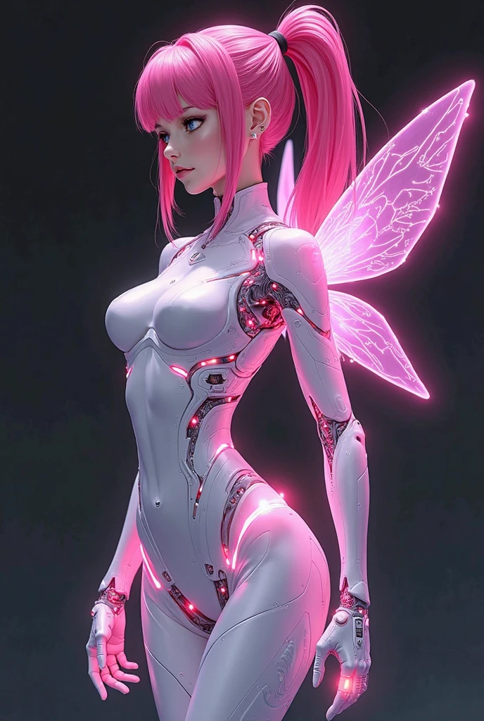 two-dimensional，Liberation shoes，female characters，standing posture，beach umbrella，neon lights头发，high ponytail，arm me，Focus on expression，energy bow，mechanical limbs，stealth drone，Liberation shoes，cyberpunk，Steampunk，fault art，Holographic projection，mechanical aesthetics，laser light，neon lights，fluorescence，glow effect，bioluminescence，Hermaphrodite Lighting，rainbow foil，Unreal Engine