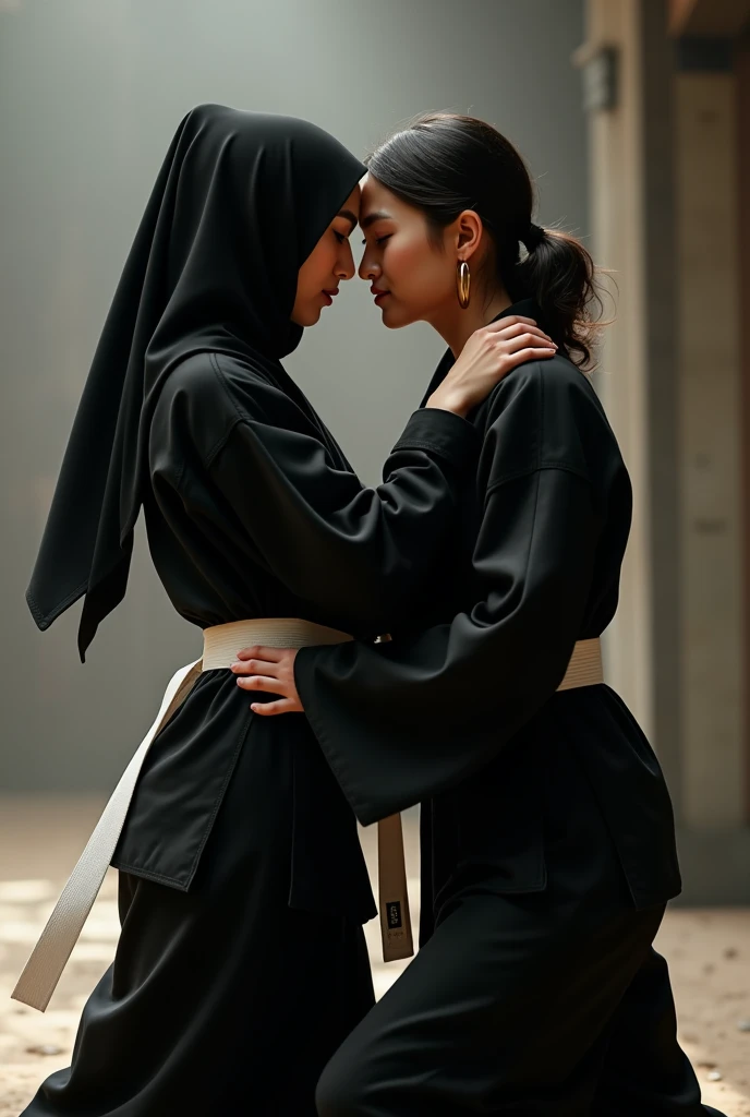 two deadly hijabi blackbelt taekwondo girls lesbian couple making out each other