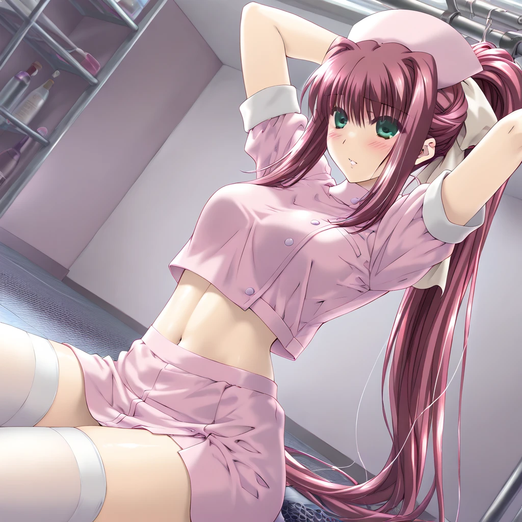 beautiful illustration、top-quality、Cute little girl s、bedroom、pink-haired、lenght hair, red color eyes、(((pink pleated skirt))、(((white sailor suit)))、shortsleeves、a navel、bare-legged、on the beds、lovely thighs、glowing thigh, 1girl, bangs, biting, blush, covered navel, eyeshadow, hair behind head, hand on waist, smile, long hair, looking at viewer, makeup, pilot suit, red eyeshadow, science fiction, skin tight, solo, ((masterpiece)),camel toe, (breast:0.6), 8k, (thick thighs:1.3), beautiful, trap, futa, zero two, small horns, lusty look, naked, closed mouth