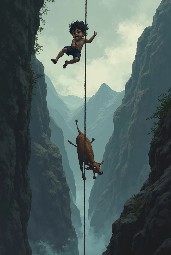 Man pushing a pig from a high mountain