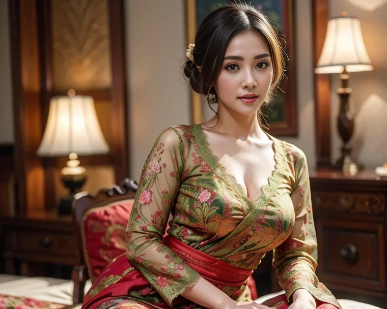 Highly detailed, high resolution, (realistic, realistic: 1.4), 8k, (best quality), physically based rendering, photorealistic photos, professional color grading, highest quality, wearing red kebaya, black hair, full body, beautiful face, slim body, body sexy, 24 year old female model, medium breasts, faint smile,