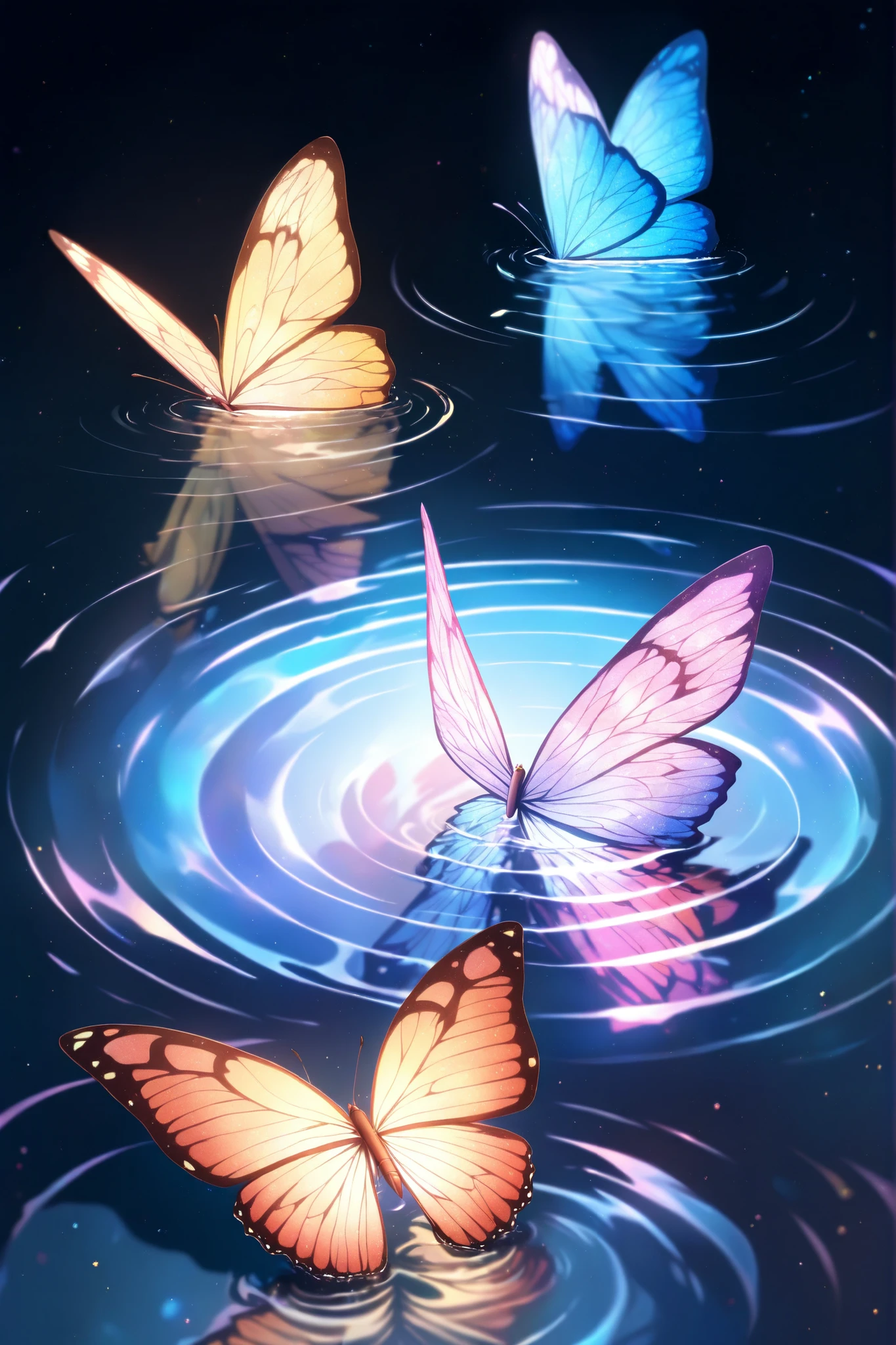 Shining Butterflies 、Center、big butterfly、sparkling light production、Black background、Water Ripples、Butterflies reflecting in water