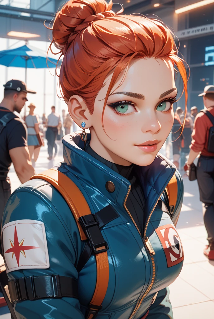 (((masterpiece, best quality, high quality, aipub))), wide shot of a gorgeous woman with short straight aquamarine hair and small narrow auburn eyes, screaming, open eyes, closed mouth,, tactical gear outfit, , in a crazy fantastic movie scene