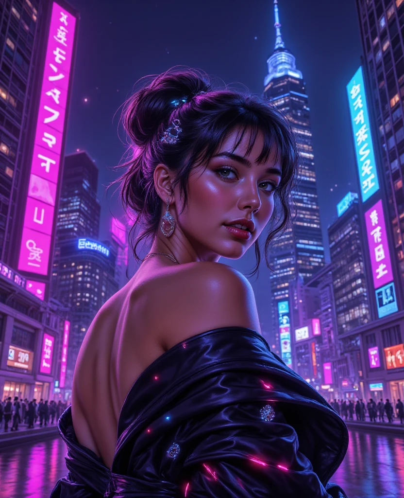hntdlnwrk style, aesthetic, mad-vprwv cyberpunk woman, crowded rooftop party on skyscraper,magenta moon, dress, neon, grid on clothes, holding a drinking sparkling wine, light smile, swimwear, vaporwave. art, colored pencil, sketch, painting, paper texture,art_solyanka,SKP-highly detailed,SamYoung_Illustration
