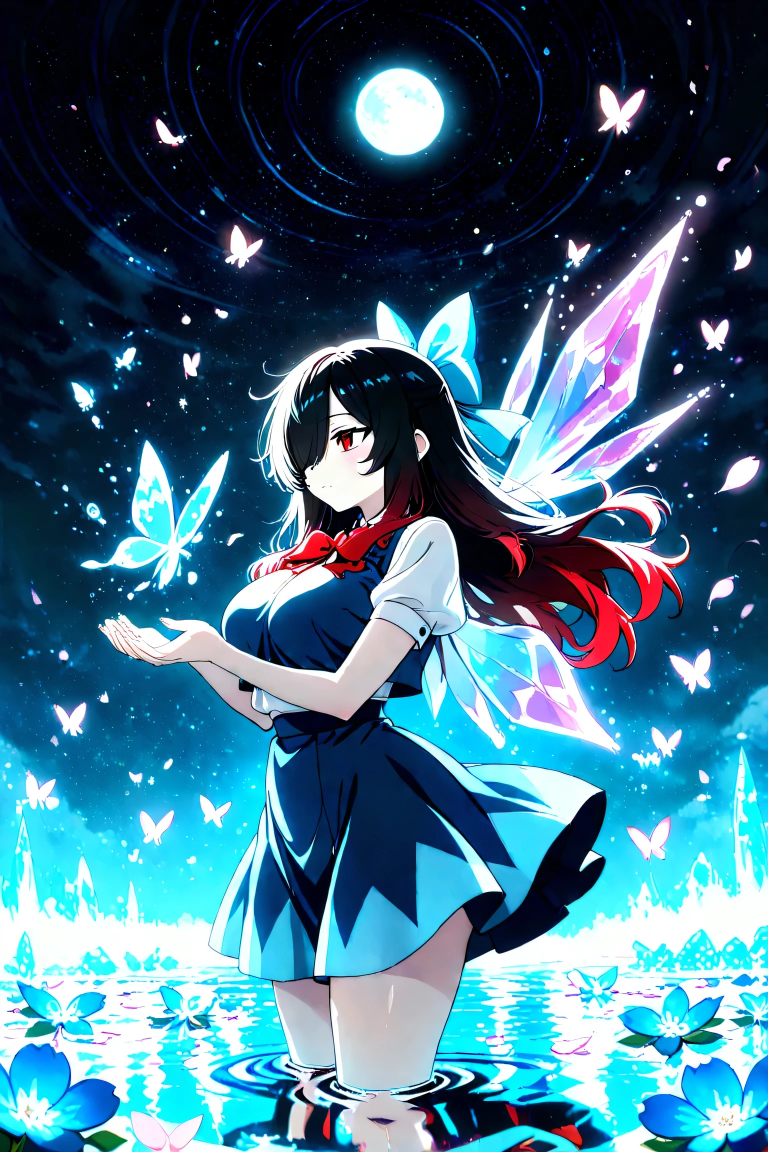 1 girl, Kuroki Monika, red eyes, gradient hair, black hair, red hair, long hair, asymmetrical hairline, hair over right eye, ((large breasts)), (petite but curvy), very cute, lovely, solo, standing, cirno, white shirt, white sleeves, short sleeves, blue plain vest, blue skirt, red string bowtie, ice wings, ice crystals floating on each side three symmetrically, raise both arms diagonally upwards, a butterfly flies on a hand, night, starry sky, (a big shining beautiful moon), flying fantastic glowing purple butterflies, knee-deep water, reflective water, shining water, blue nemophila floating on the water surface, flying hair, flying skirt, flying water droplets, flying mysterious light particles, flying mysterious flower petals, from side, look away, look above, cowboy shot, fantastic, memorable, anime, high-detail, 8k, high quality, best quality, masterpiece, best quality, very aesthetic, absurdres, detailed background, Maximum facial details, Maximum detailed textures, Maximum detailed shadows, Maximum detailed backg,shining eyes, Beautiful color palette