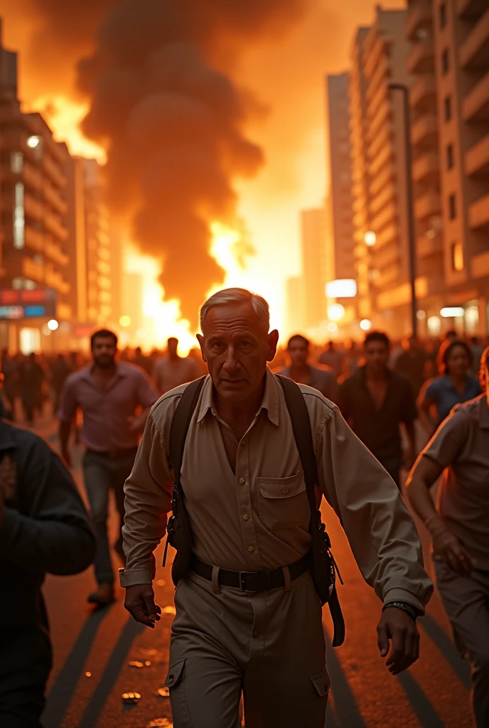 An elderly grandmother is carrying a child on her back, Running in a panic through the urban ruins, With flames and smoke from bombs exploding behind them.., Directed by: Ibrahim Mott, Pulitzer Prize for Photography, Pulitzer Prize-winning photo, ainda de um filme live action, cena do filme live action, captura de tela de um filme, Filmado do filme, cena de um filme, Por Joseph Binder