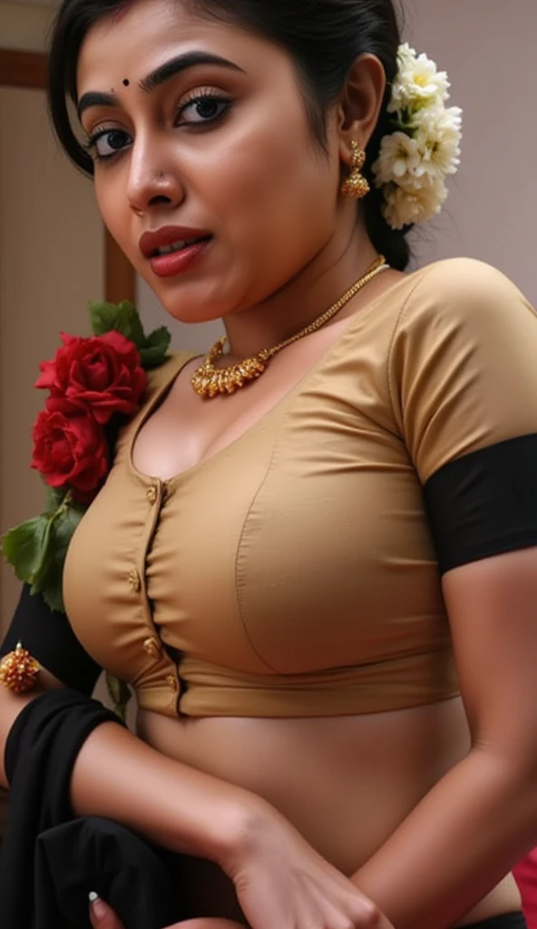 Shraddha kapoor, bikini blouse, 33 year old, half body close up,marathi woman, red bikini, showing navel and cleavage, sexy belly chain, fleshy hip, bedroom, lookimg at viewer