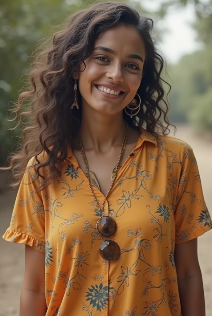 MariaRivera, long curly black hair, freckles, dark skin, brown eyes, hoop earrings, green shirt, looking at viewer, smiling, close up, standing, outside, lake, trees, sunny, winter, high quality, masterpiece, <lora:MariaRivera:.7>