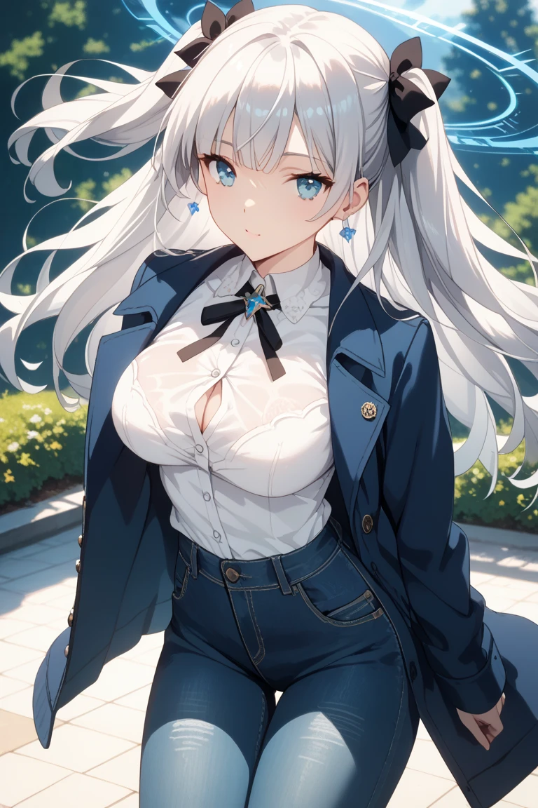 realistic image, detailed image, coherent image, 1 beautiful girl, she has very long hair, white hair with blue stripes. Her eyes are heterochromic: the right eye has a light blue iris and a drop-shaped dark blue pupil, while the left inverts the color combination. Smiling expression. She is wearing a strapless top, a cardigan, plaid pleated miniskirt, sneakers, She has a curvy body, small breasts and thick thighs, She is posing sensually, arching her back, French atmosphere, surrounded by a park, surrounded by flowers. Soft focus, Dramatic shadows, Volumetric lighting, natural lighting,furina,heterochromia,