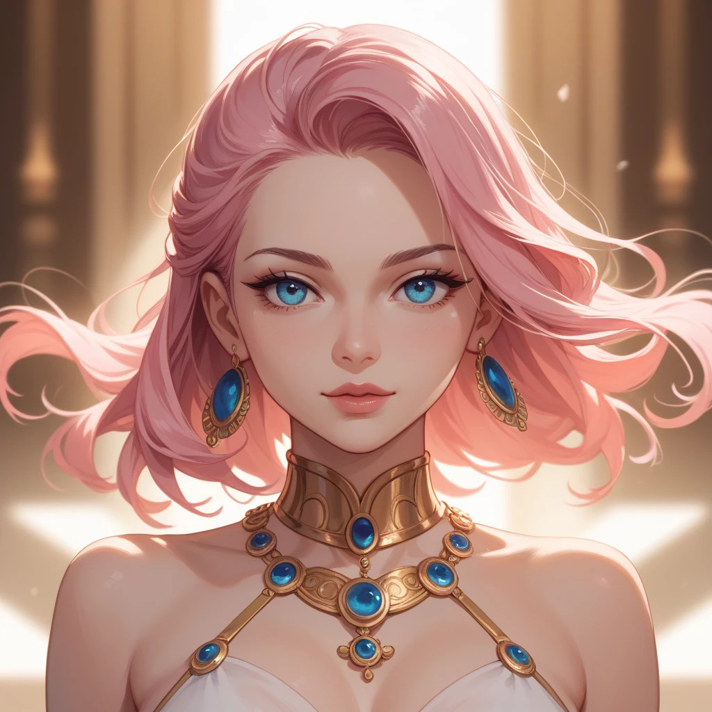 (symmetry:1.1) (portrait of floral:1.05) a woman as a beautiful goddess, (assassins creed style:0.8), pink and gold and opal color scheme, beautiful intricate filegrid facepaint, intricate, elegant, highly detailed, digital painting,(1 Girl, Solo, Front, Pink Hair, Sharp Face, Princess Cut, Fluorescent Long Coat (Broken Glass), artstation, concept art, smooth, sharp focus, illustration, art by greg rutkowski and alphonse mucha, 8k