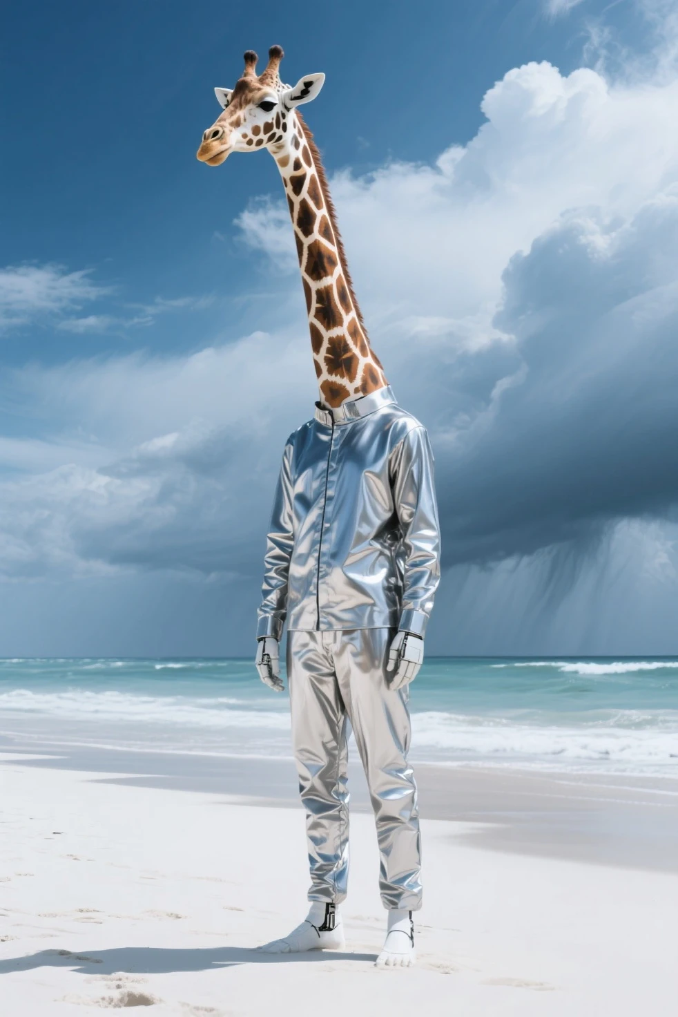 Surreal full body photograph of a man, male, focus on a man, very muscular and very tall (he is 6 feet and 5 inches tall), he has one hand on the back of his head and his head is shaved, where he has body paint with paints like a chess game all over his body that covers all his skin, she has a half white hat and the other half black, she wears white rubber gloves, black men's shoes on stilts, the bikini has a chess game design, there is a sea where the water is turbulent and in the background there is a large lighthouse to navigation, sand is replaced by black and white tiles, good quality, masterpiece., 8k, best quality, UHD, masterpiece, accurate, textured skin, anatomically correct, super detail, high details, award winning, high quality, best quality, highres, 8k