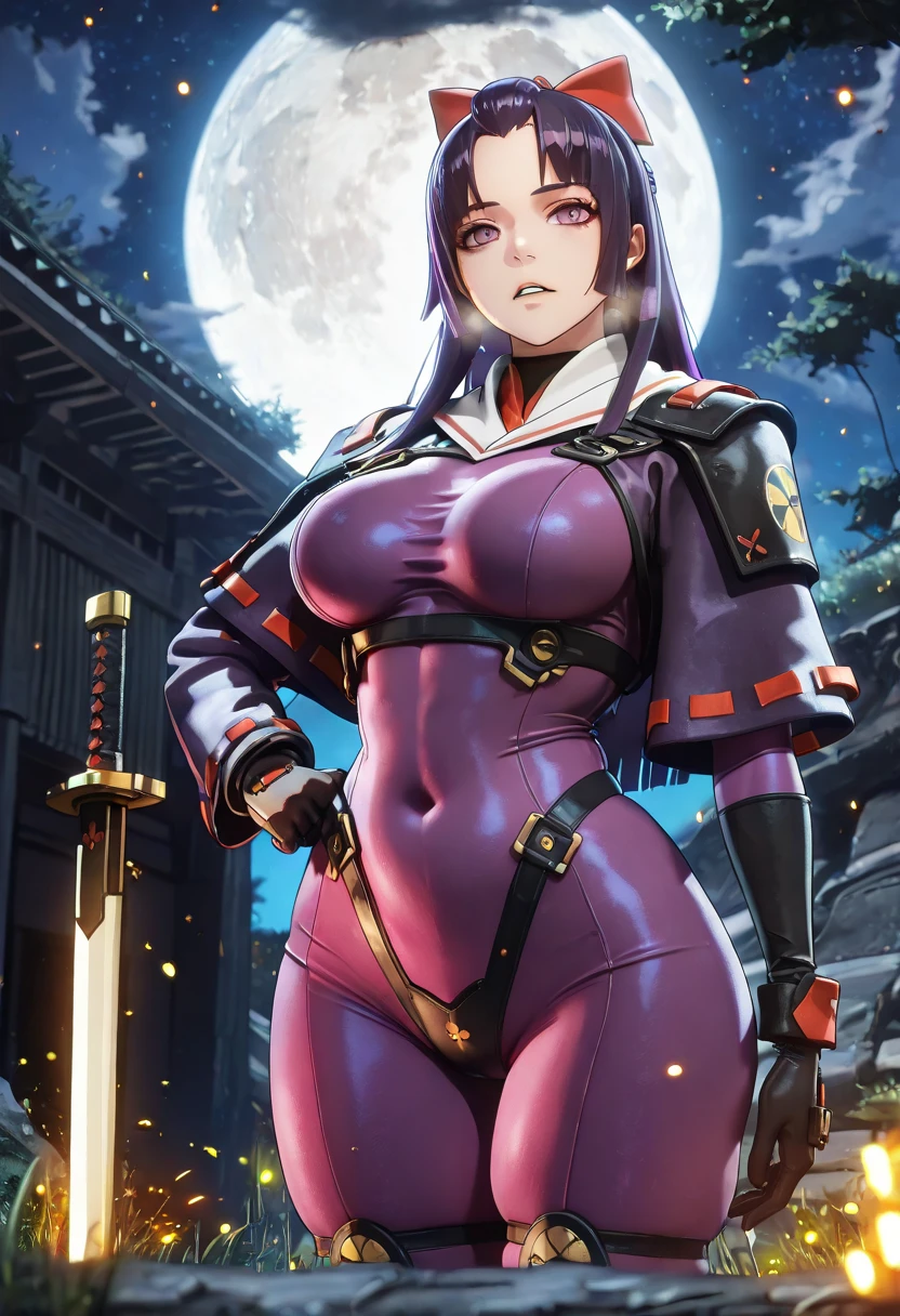 ggstduel, (minami_koyogi-style:1.4), (alecto_0-style:0.8), ((anatomical correct)), ((embers)), ((Cinematic, unreal engine, eye-catching, ambient occlusion, UHD, masterpiece)), ((perfect lighting, dim lighting)), perfect body, perfect eyes, perfect fingers, gasping, heavy breathing, gasping profusely, ((skindentation)), ((curvy)), SHIKOKU_(MATO_SEIHEI_NO_SLAVE), purple hair, purple eyes, slit pupils, long hair, hair bow, red bow, parted bangs, ribbon trim, half updo hair, bangs_pinned_back, straight hair, ((medium breasts)), plump, 1girl, breasts, moon, bodysuit, solo, full moon, glowing sword, sword, night, gloves, covered navel, looking at viewer, purple bodysuit, black gloves, rope, parted lips, skin tight, armor, night sky, hand on own hip, moonlight, sky, planted, outdoors, elbow gloves, bokeh, fireflies, water drop,