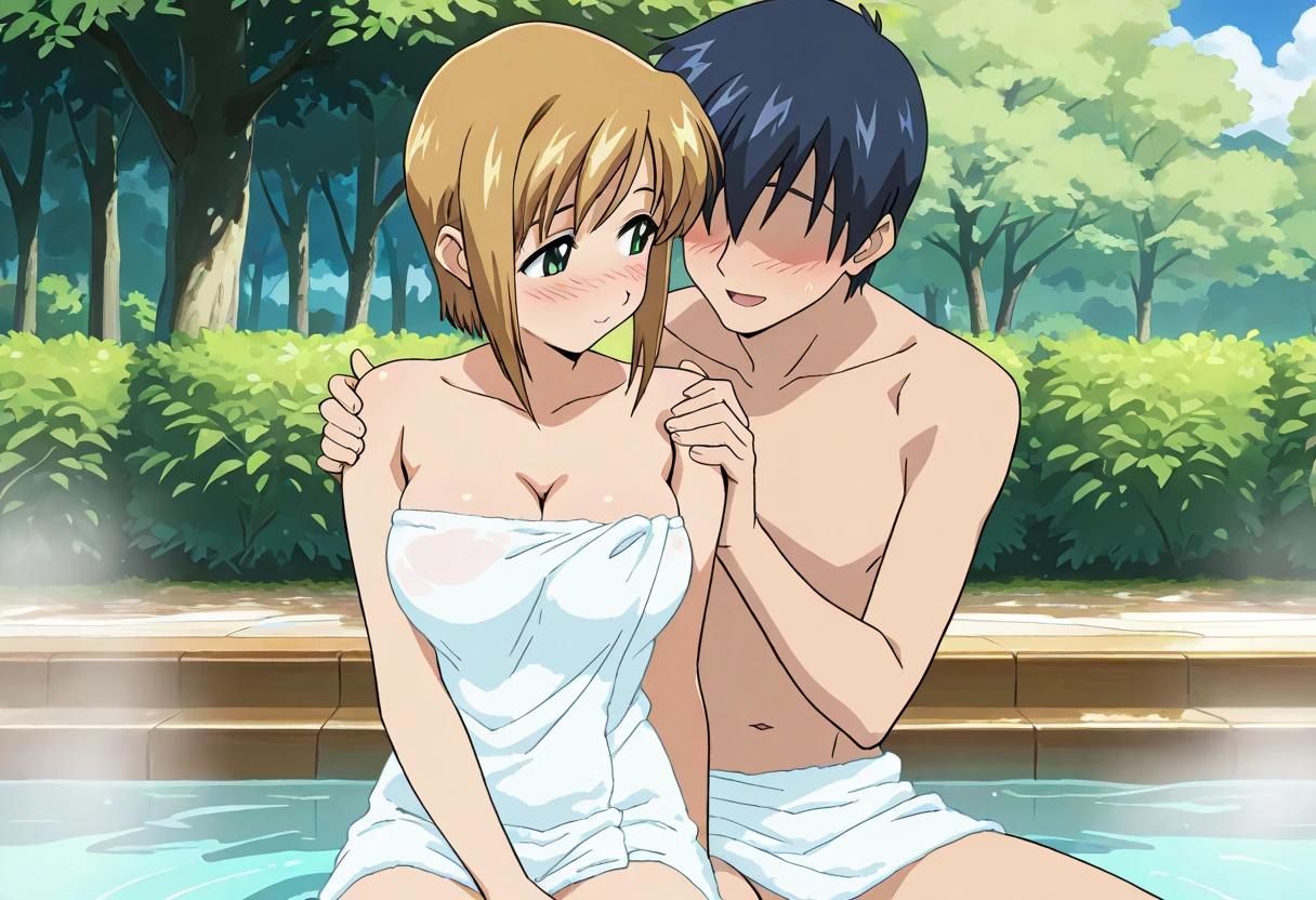 スコア_9, スコア_8_上, スコア_7_上, ソース_アニメ, InuiShinju,wavy licking,fellatio((Nude), Mother and daughter (: 1.2), Straight, Shirtless, Bathing in a hot spring, Sitting side by side, Smiling,