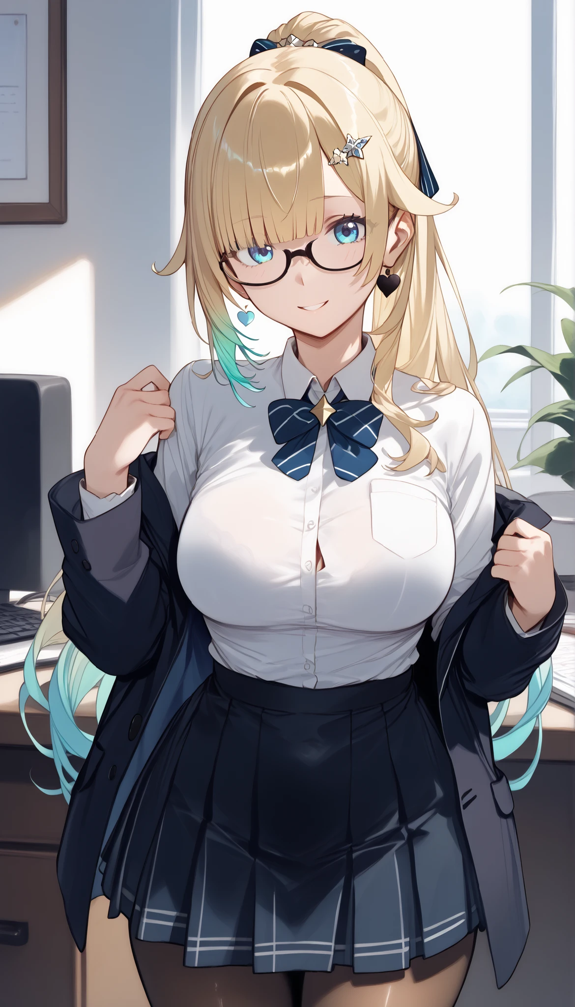 masterpiece, score_9, score_8_up, score_7_up, anime, pinup, masterpiece, full twinkle, perfect face, best quality, high resolution, aizawa ema, 1girl, virtual youtuber, blonde hair, aqua hair, gradient hair, long hair, very long hair, blunt bangs, blue eyes, large breasts, high ponytail, standing, frontview, black suit, black skirt, white shirt, black pantyhose, office, glasses