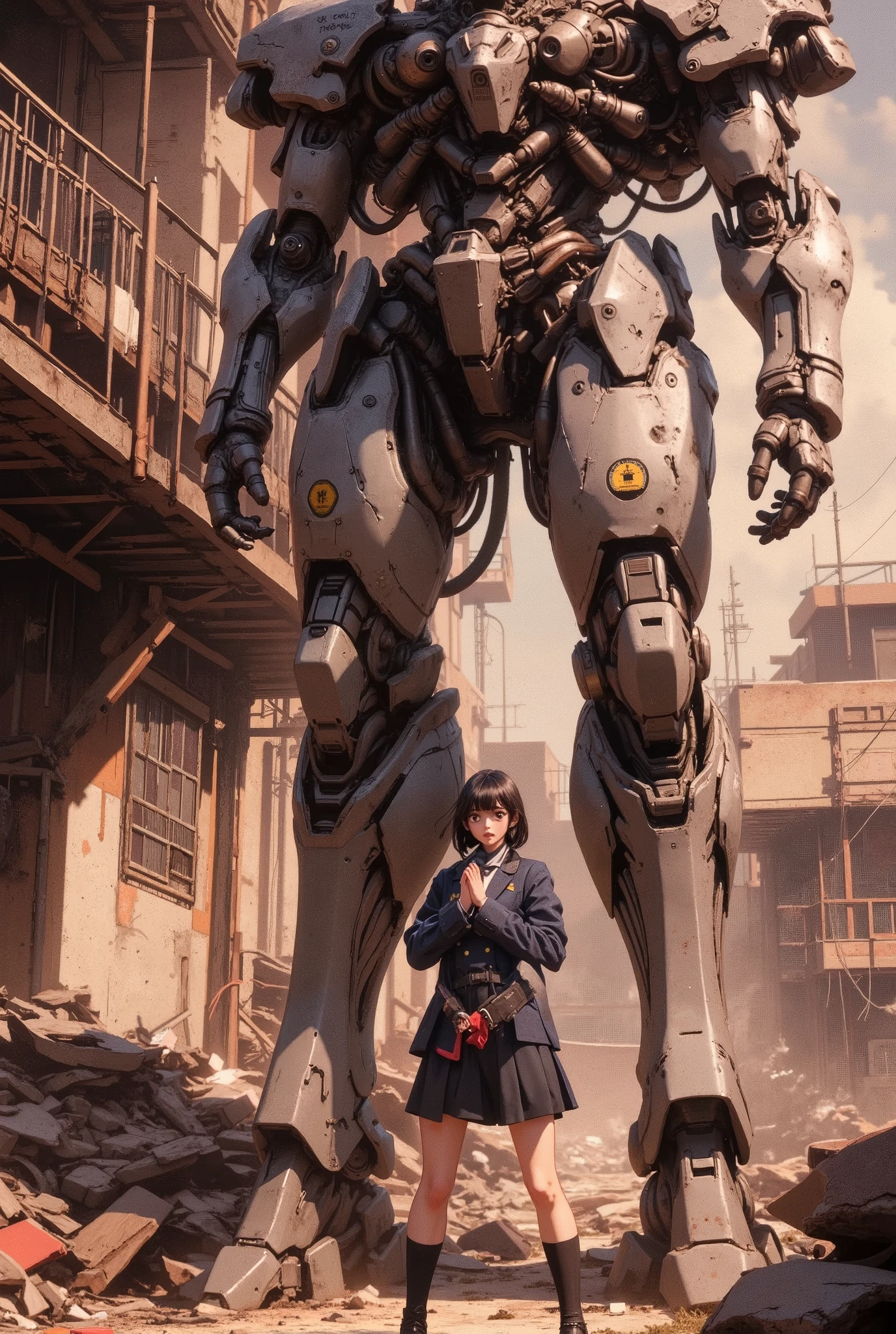 School undergoing reconstruction,Flaky Armor,Dead Iron Giant,teacher offering prayers to mourn giants,student who is outraged by asymmetric justice and questions the reality of the truth,huge female student with uniform ,(Highest Quality,4K,8k,high resolution,masterpiece:1.2),ultra detail,(realistic,photorealistic,photo-realistic:1.37),high resolution,Studio Lights,Highly Detailed Faces and Bodies, Portrait,cinematic lighting,dramatic lighting,warm color,dramatic colors,Overlooking