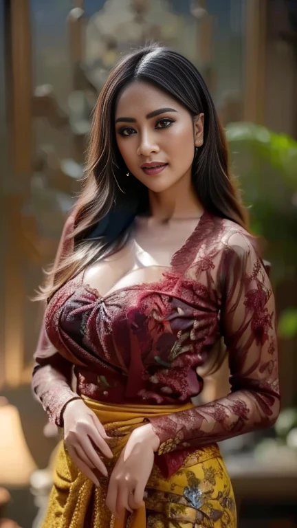 A woman in a floral shirt and mini  skirt with tits out (random color outfit)with seductive, poses for a photo,big ass, 36DD Indian, Beautiful goddess, girl, Gorgeous woman, south east asian with long, provocative indian, beauty, Big , deep cleavage, sexy navel, Large breasts and deep cleavage,cafe background
