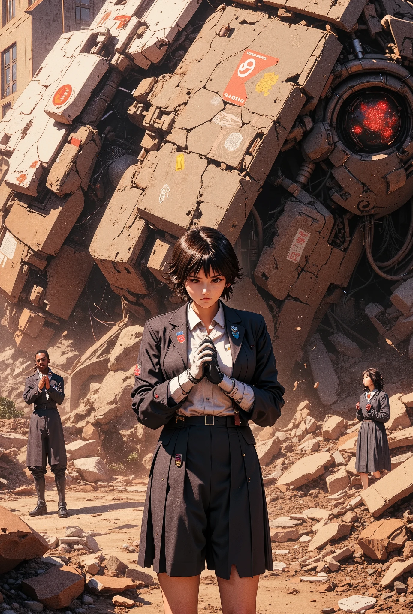 School undergoing reconstruction,Flaky Armor,Dead Iron Giant,teacher offering prayers to mourn giants,student who is outraged by asymmetric justice and questions the reality of the truth,huge female student with uniform ,(Highest Quality,4K,8k,high resolution,masterpiece:1.2),ultra detail,(realistic,photorealistic,photo-realistic:1.37),high resolution,Studio Lights,Highly Detailed Faces and Bodies, Portrait,cinematic lighting,dramatic lighting,warm color,dramatic colors,Overlooking
