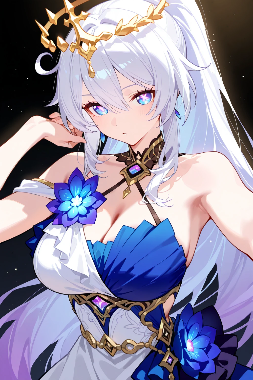 humanoid female fox wearing a crystal crown, light purple hair, fox ears, and crystallized gemstone foxtails