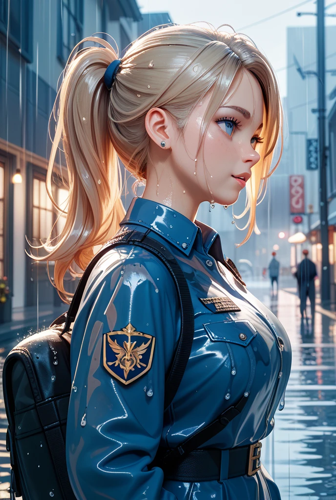 maki zenin, Best quality,(JUJUTSU KAISEN), 1girll,physically-based renderingt ,超高分辨率,(Cowboy shot:1.5),Narrow waist, Skinny, LeonaMS , Big blue eyes,Long legs,blue mini skirt,Leather belt,Big breasts,Puffy eyes, Leather belt,(rainy city), Shiny skin, facingviewer, Nobara kugisaki , ,hd quality, perfect face , realistic , realistic body , milf ,sexy, big butt , perfect face sync , best pose , skirt ,nobarajk,maki zenin