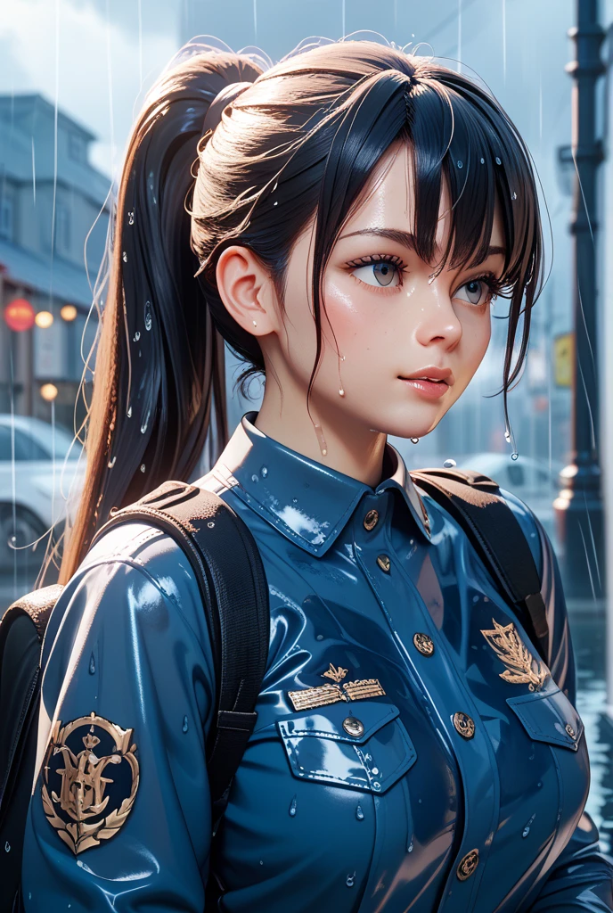 i want the whole image to be created in 3D anime style,  1girl, solo, looking at viewer, brown hair, shirt, black hair, brown eyes, closed mouth, upper body, ponytail, necktie, collared shirt, blurry, uniform, lips, blurry background, blue shirt, black necktie, forehead, realistic, nose, police, police uniform, policewoman