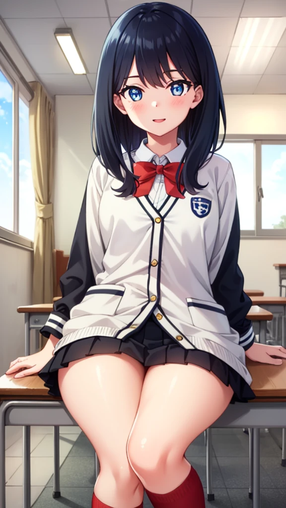 Rikata Karada, rikka takarada, Black hair, Blue eyes, Long hair, orange scrunchie, Scrunchie, Wrist scrunchie
Blake Black Footwear, Black skirt, Bow, bowtie, buttoning, Cardigan, Collared shirt, Long sleeves, micro skirt, Pleated skirt, Red bow, red bowtie, red socks, School uniform, Shirt, shoes, Skirt, sox, thighs thighs thighs thighs, White cardigan, White shirt,,
BREAK outdoors, city,
BREAK looking at viewer, BREAK (masutepiece:1.2), Best Quality, High resolution, Unity 8k壁纸, (Illustration:0.8), (Beautiful detailed eyes:1.6), extra detailed face, Perfect Lighting, extremely details CG, (Perfect hands, Perfect Anatomy),black pantyhose king