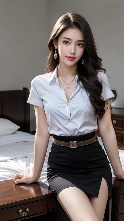 (1 female), beautiful, wonderful face and eyes, compensate, (very detailedbeautiful顔), enchanting smile, (highest quality:1.4), (super detailed), (very detailed CG 統合 8k 壁紙), very detailed, RAW photo, professional photography, (suit, mini skirt:1.2), (Business shirt with wide open chest), (spread your legs), (view from below:1.2)