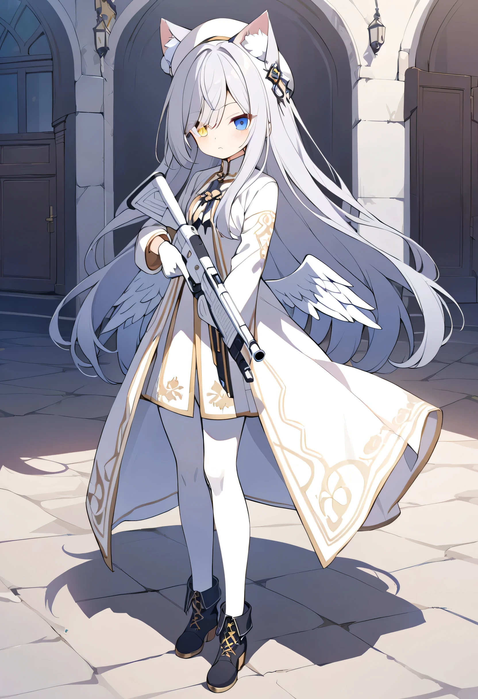 long hair,Silver Hair, girl,Cat ears,alone,Heterochromia(Left blue right yellow),white robe,White Pantyhose,Western European style,Small Wings,square,white gloves,white beret,standing,Long bangs,white shotgun,Holding a gun, black boots