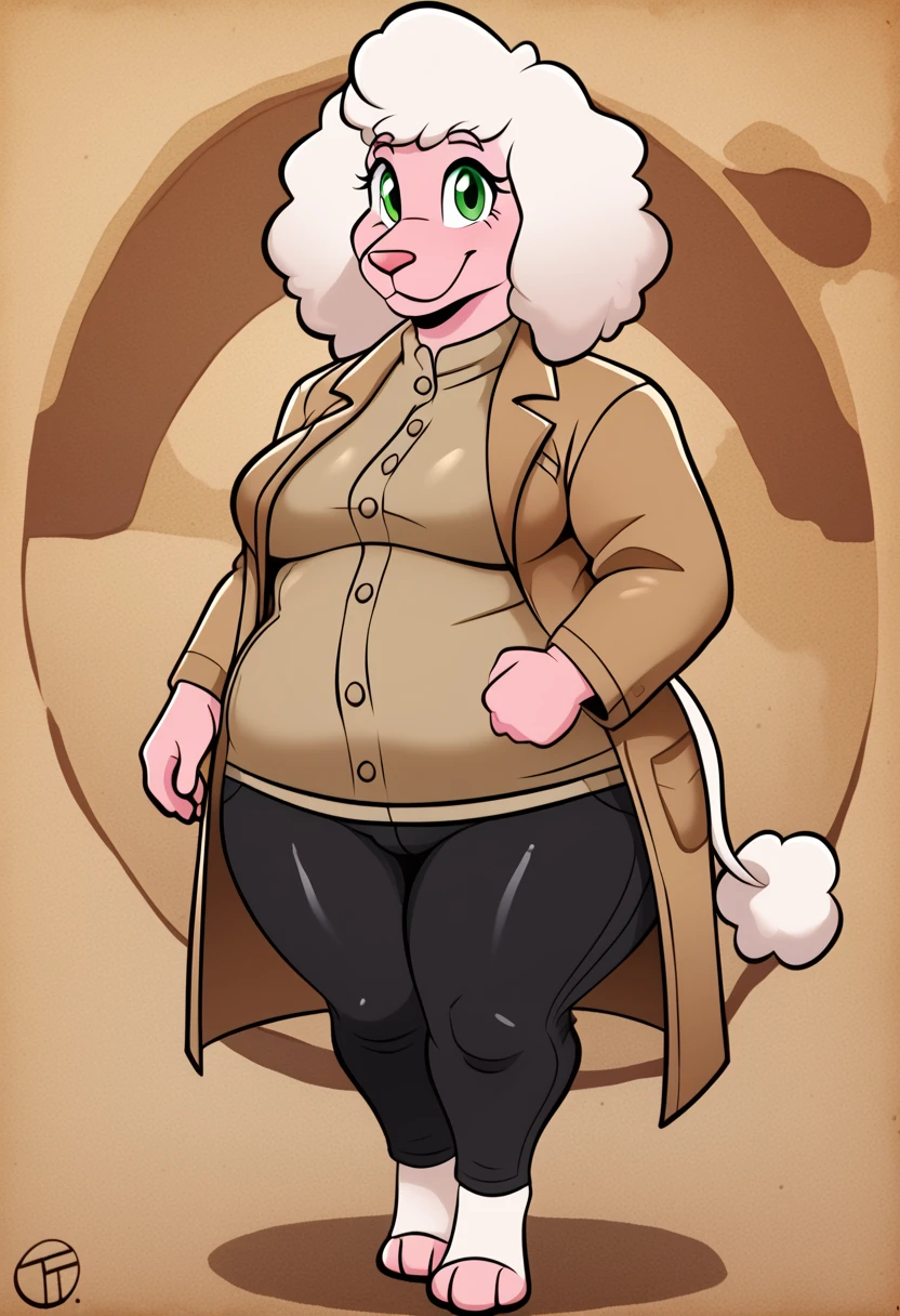 female, anthro, furry, solo, full body, poodle, green eyes, white fur, chubby, clothed, pants, (leather trench coat), best quality, highly detailed, high resolution, detailed background, detailed clothing, detailed body, masterpiece, good 